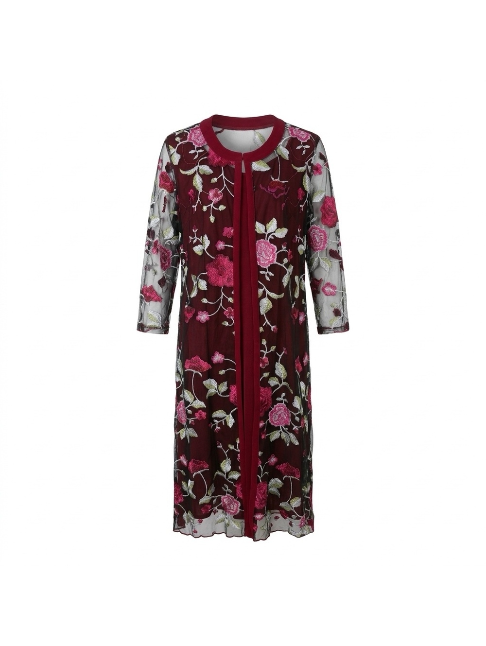 MSGLAMOR Burgundy Floral Embroidered Mesh Dress with Sleeveless Inner Dress XXL